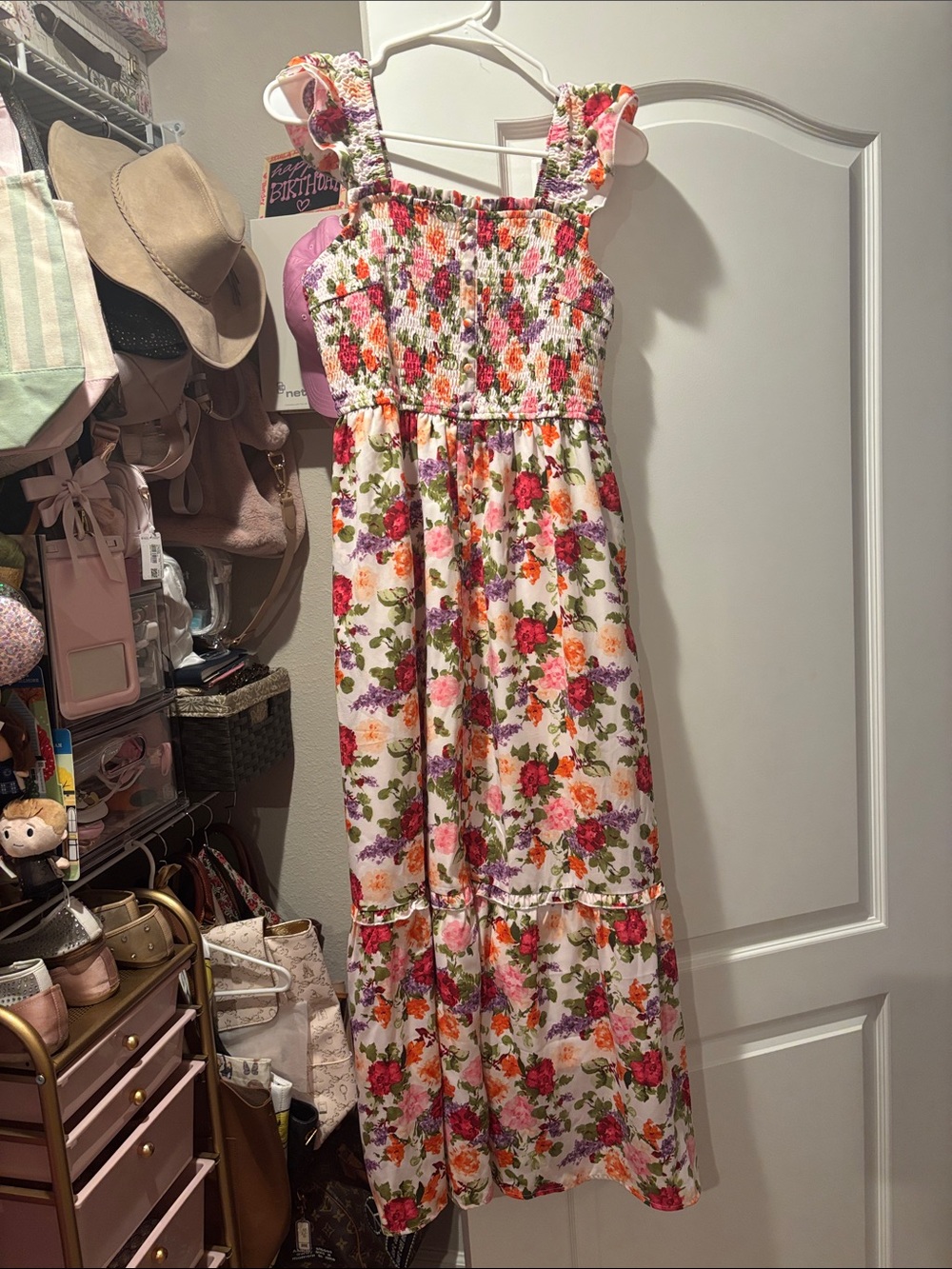 Floral Smocked Maxi Dress - White with Pink & Orange Flowers- size Medium